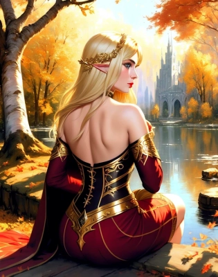 Modelshoot style, (extremely detailed CG unity 8k wallpaper) full body black and white photo of the most beautiful woman in the world, (cowboy shot:1. 4), (extreme close up:1. 2), high saturation, beautiful elven woman sitting beside a pond in the forest, (blush) ((sitting)), (elven face tattoo), (world of warcraft blood elf), (cosplay wig), (long bob cut hair), sidelocks, (middle part hair), (medium blonde hair:1. 3), (light blue eyes:1. 2), blonde eyebrows, ((detailed symmetrical face)), (pretty face), dark eyeshadow reflective eyes, makeup, (red lipstick), (white sclera), rim lighting, dramatic lighting, chiaroscuro, ((red, and gold elf minidress)), red cloth, (intricate elven clothing), (thighs:1. 2), (metal shoulder pads), (reflective water), high heels, black cape, (golden jewelry), white trees, (Eversong woods), (white elven buildings), white towers, roman arches, white bark, birch tree, red and yellow leaves, (falling leaves), cleavage, (sunset), white clouds, (from behind:1. 4), (professional majestic impressionism oil painting by Waterhouse:1. 1), John Constable, Ed Blinkey, Atey Ghailan, by Jeremy Mann, Greg Manchess, Antonio Moro, trending on ArtStation, trending on CGSociety, Intricate, High Detail, dramatic, trending on artstation, trending on CGsociety