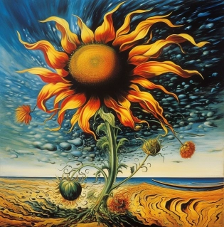 a psychedelic surrealist painting of a sunflower, Salvador Dali, Pablo Piccaso --ar 80:81 --quality 2 --s 750 --v 5. 1