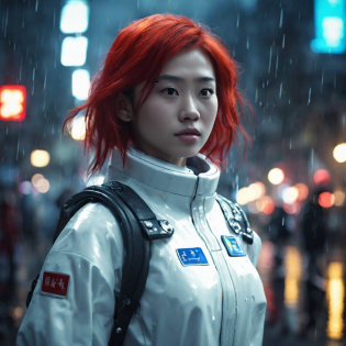 In the 2500's, a beautiful and perfect Chinese girl with red hair stood on the streets of Shanghai on a rainy night at the age of 18, wearing a white space suit. Pixar Future Style 4k, highly detailed