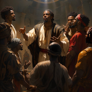 Group of black African men, with typical African clothing, arguing, angry, tense faces, chaotic atmosphere, place with Athens school style architecture, panoramic image, cinematic, dark lighting, rays of light, 1800s, African Symbolism . Raphael High Renaissance, Michaelangelo's style, academic painting, Renaissance art style, By Raphael, Fresco painting, renaissance painting style, neoclassical painting, ancient Greek painting, Greco-Roman art, neoclassicist painting, renaissance style painting, renaissance painting ', neoclassical painting, renaissance art