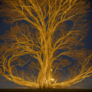 The Erdtree (Golden tree, ?gonju) is a giant, golden tree that towers above the Lands Between. The Lands Between are blessed by the Elden Ring, which is the source of the Erdtree, that symbolizes its presence. It is the heart of the Golden Order. The blessing granted by the Erdtree and consequently the Elden Ring, is represented by a golden light in the eyes of the inhabitants of the Lands Between, known as the Grace of Gold. Upon their deaths, the remembrances of demigods and greater champions, and other such powerful beings are hewn into the Erdtree, no humans, white bark with fire luminous veins, ((glow)), magic, gigantic tree covering the entire sky