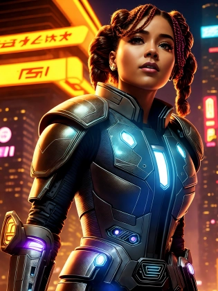 The movie still is set in a futuristic Neo-Tokyo cityscape at night, with tall skyscrapers and neon lights illuminating the city. In the foreground, a 30s attractive stunning (Afrofuturistic:1. 5) black woman, with (red french braid:1. 3) is standing tall, wearing a multicolored cyberpunk afrofuturism armor that covers her from head to toe. The armor is sleek and high-tech, with various gadgets attached to it. She stands confidently. Her face is partially covered by a high-tech helmet that has a tinted visor, making it difficult to see her eyes. However, the intensity in her gaze is evident, and it is clear that she is ready for action. The armor glows with various colors, highlighting the intricate design and patterns of the armor. The neon lights from the city add to the futuristic ambiance, creating a visually stunning image. Directed by Ridley Scott, this movie still is inspired by the futuristic worlds of Starship Troopers and Dredd, blending the genres of cyberpunk and afrofuturism to create a unique and visually stunning image.