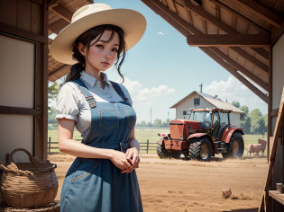 A woman who farms on a farm?With a hat?Dress like a farmer in the American West in the 18th century?The overall style of the picture should be biased towards cartoons?pix?Geometric style?At the same time, there should be a corresponding context?The background is the facility or livestock on the farm?Such as tractors?pecora?pigs, etc?Also appear the farm's warehouse?She should be holding farm tools or plowing?The character style should not be realistic?It should be like the face style of a character in an indie game