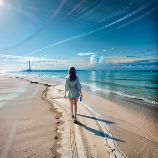 There is a woman walking on the beach with a surfboard, Walk on the beach, Walking on the beach, Walk onto the beach, beach surreal photography, author?Kurt Roesch, beautiful fine sky, Woman on the beach, best on adobe stock, um dia ensolarado, Girl walking between the dunes, Go to the right, Trail the horizon, Walk confidently