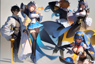 An image of Aalfed posing for a photo of a group of anime characters, ?azur lane?role, 2. 5 D CGI anime fantasy artwork, All males, WLOP and Sakimichan, Artgerm and Atey Ghailan, Kushatt Krenz Key Art Women, A scene from the?azur lane?videogame, trending on cgstation