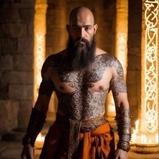 Photography, Kharazim from Diablo, standing, realistic, full-length, focused expression, key light illuminating facial features and monk attire, (exceptionally detailed, intricate patterns on clothing, sacred tattoos on arms and legs, and powerful fists imbued with radiant energy), combat-ready stance, surrounding environment reflecting the game's mystical and spiritual atmosphere with ancient temples, sacred artifacts, and glowing runes, (dynamic aura of inner peace, agility, and spiritual energy emanating from Kharazim), medium-wide shot.