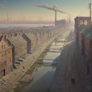 (masterpiece, best quality, ultra-detailed:1.1), An industrial slum in the early stages of the industrial revolution, brick and wood buildings, factories with smokestacks, run-down decaying abandoned buildings, dirty, rotten wooden planks, polluted canal, in the style of Frederick Edwin Church, Thomas Cole, John Martin, (Zdzis?aw Beksi?ski:1.5)