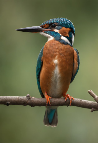 A kingfisher flutters gracefully on a finger, Strong morning light diffuses through the fog?Flapping,hovering? Highlights its intricate feathers with dramatic sidelights?realisitic?realistic?Floating birds