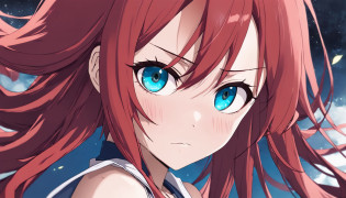 anime girl with red hair and blue eyes looking at camera, Erza Scarlet como uma pessoa real, ela tem cabelos ruivos, cabelos vermelhos carmesim e olhos vermelhos, Estilo anime
