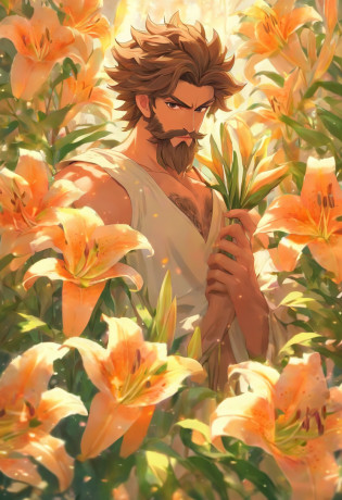 Male, 38 years old, Jewish, straight, Short hair, Brown hair, Curly hair, Full beard, purity, Carpenter profession, Carpenter clothing, Focus, Face and hands, Landscape of various flowers, lilies, Holding a bouquet of lilies in his hand, 8K, brute, sankta. Joseph