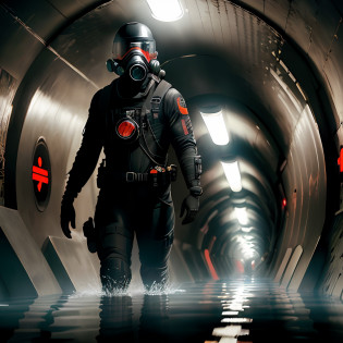 (( urban huge underground tunnel:2 )), dark, ((( water half flooded:4 ))),professional photo, rescuer in (highly detailed:1.1)black pressure suit, face fully covered with a sci-fi gas mask half submerged in red mud, a lot of dead zombie, messy,garbage everywhere, construction garbage, snow, realistic, sharp focus, 8k high definition, insanely detailed, intricate, dark tunnel