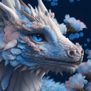 dragon with scales of delicate flower petals, cute muzzle, pastel, eyes deep blue space, exhales smoke, beautiful, realistic, detailed, fantastic animal, fairy tales, art