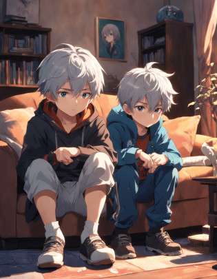 Two Boys, Silver-haired boy and brown-haired boy, Boy's room?sofas?Boys Love?hight resolution?ultra-detailliert