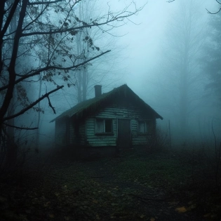 Old dilapidated bungalow cabin in the middle of thick foggy woods, eerie, creepy, and scary scene, dark and haunting, ultra-detailed, photography, realistic, 8k --s 750