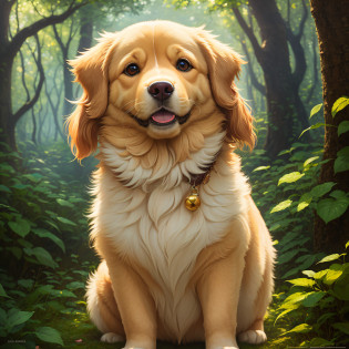 A large portrait depicts an adorable, lovable, and lively golden retriever, who is gazing at the camera. Its long fur is finely detailed, with bright reflections in its big eyes and abundant details. The background portrays an ancient forest, presented with digital painting techniques that are extremely delicate and high-quality, reaching 8K resolution. The artwork has attracted much attention on the ArtStation website due to its sharp focus, rich light changes, and a very complex and detail-rich central composition. Inspired by artists like Lois van Baarle (Loish), Ilya Kuvshinov, and Studio Ghibli, the website's style presents a chibi kawaii aesthetic with soft and watercolor-like color tones. Additionally, the golden retriever is shown playing with a ball. Translated into English: A large portrait depicts an adorable, lovable, and lively golden retriever, who is looking at the camera. Its long fur is exquisitely detailed, with bright reflections in its big eyes and abundant details. The background shows an ancient forest created with digital painting techniques that are extremely delicate and high-quality, with a resolution of 8K. The artwork has received a lot of attention on the ArtStation website due to its sharp focus, rich lighting changes, and a very complex and detail-rich central composition. Inspired by artists such as Lois van Baarle (Loish), Ilya Kuvshinov, and Studio Ghibli, the website's style features a chibi kawaii aesthetic with soft, watercolor-like color tones. Moreover, the pale golden retriever is depicted playing with a ball.