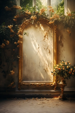 sharp details, realistic film photography, gold ornate detailed baroque picture frame, on plaster wall, vines, inner glow, peaceful scene, minimalistic, light leak c--25 --s 350 --ar 2:3 --v 5. 2