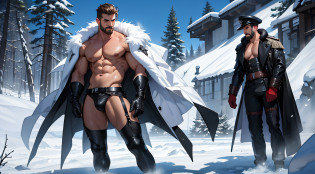 1 stocky shirtless Russian gay is standing with his legs and thighs opened and spread in the snow with wide landscape of snowfield , 1 man only, no other people, iceblocks and icelake and snow scene, he is wearing white fur gloves, fur woolen hat to cover snow , moustache, facial hair, white transparent thong bikini highlighting big bulge and big butts, wearing leather shiny long boots upto his knees and his fur lining, garter straps, Harness strap around his torso , nipple jewelry, masculine and stocky, shirtless, handsome face with detailed facial features, shirtless and wearing nothing, correct accurate male anatomy, big large erect pink , full body shoot, big pecs, big arms, wet oiled waxy shiny greasy muscles and skin, flawless white skin, masterpiece, professional DSLR shoot and retouching, illustration art, shadow, highlight, sharpness, depth of field, dessert and Russian snow field environment, sexy, hot gay erotic illustration art, sexy and hot