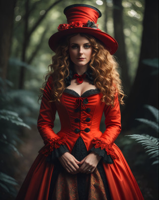 Arafed woman in a red dress and hat in a forest, in a red dress of the Victorian era, Victorian style costume, Victorian inspired clothing, red dress and hat, a beautiful Victorian woman, red dress and magic witch hat, Victorian lady, Victorian dress, Victorian clothing, intricate Victorian dress, costume style clothing, wearing Victorian clothes,  wearing an ornate outfit, (Hair in high definition), (body in high definition)