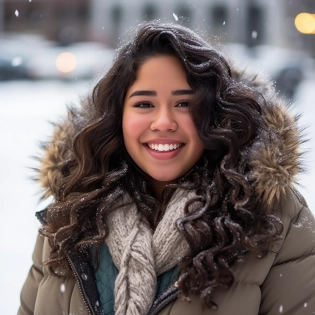 Professional photograph of a gorgeous traditional latina Chilean girl in winter clothing with long curly dark brown black hair, snow on hair, smiling, full figured, long hair, bombshell, beautiful face, full lips, detailed skin, clear edge definition, nose ring, outside snowy city street, ultra realistic, soft light