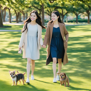 (masterpiece, high resolution, realistic, 8K:1.2), extremely detaild texture, looking at chihuahua
break
(1 girl, full body: 1.5), Japanese, very beautiful girl, 18 years old, wide shot,
break
(Charleston dress:1.2), black hair, medium hair, angelic smile, mouth open, A girl is walking her cute puppy Chihuahua on a leash.
break
(a long coat Chihuahua of brown puppy dog:1.2), very adorable face, Beautiful appearance with well-defined body parts
break
 natural light, Beautiful park with vast lawn, sunshine, daytime, blue sky