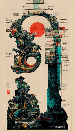 ancient scroll diagram, bold sh?ji, chart, schematics, infographic, scientific, measurements, abstract, surreal, collage, new media design, poster, colorful highlights, tarot card, glowing ruins, marginalia, 8k, extremely detailed::1 style of Katsuhiro Otomo + Masamune Shirow::0. 8 pantone, on black canvas, typography annotations::0. 3 --ar 3:5 --q 2 --chaos 15