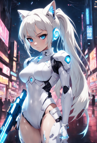 Full body internet girl with ponytail. Ariana Grande's face. Bright white indicates that she is a cyber girl with a white laser rifle. White eyebrows. Clothes like cat outfits. She also has bright blue eyes. The environment is similar to a terminator. The hair is platinum blonde. One side of her face was illuminated by bright blue. Like LEDs.  And both hands also have LED lights.