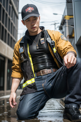 top-quality??masterpiece??A high resolution?(realisitic:1.4)??????????human male?Dark hair?glistning skin?dense skin?(asian human)?architectural?(absurderes?hight resolution?ultra-detailliert)??1 male?Adults?(20-year-old man)?a handsome?tall muscular man?broad shoulder?extra very short hair?angular jaws?thick neck?thick eyebrow?extra very short hair?A dark-haired?fine eyes and detailed face? Highly detailed CG Unity 8K wallpapers?intricate-detail?(Style Swirl Magic:0.7)?looking at the spectator????(full body Esbian:0.6)??????A detailed face?dynamicposes??Urban background?dynamic compositions? big muscle?a handsome? ((masutepiece:1.4, Best Quality)), ((masutepiece, Best Quality)), (photographrealistic:1.4)?(((Dressed as a firefighter)))?M-shaped legs, Pubic hair, Open legs, ,  Abs, ((Erection 1.2)), (Moccoli: 1.4), (Manly chest plate)), Sweating, (He is wet, Wet 1.2),, (Slipping thin underwear, Wet and beautiful 1.4)), Blood vessels in the arm??Chinese Bishonen?firefighter?white glove?black cargo trousers?Orange jacket coat,natta?Fire scene?firefighter?Rescue Team?having clothes are worn?Baseball Cap, Cropped jacket,  Black Gloves, Belt bag, Cowboy Shot,Background of the accident,loimu
