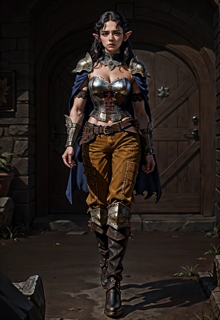 DnD, Elf, Rouge, Female, Soft face, Feminine Face, Beautiful Face, Detailed eyes, Black hair, freckles, hazel eyes, copper skin, thin small figure, Posing, arms crossed, mildly angry, Mysterious, Cloak, Detailed pants, Detailed clothes, small hip corset, Belt, Hip daggers, Fully clothed, Furry boots, bandolier, knee pads, Medieval, Dark Fantasy Theme, Gloomy Illumination, Cinematic Lighting, Deep Shadows, delicate\(armor\), (photorealistic, realistic, RAW photo:1. 1), (best quality, ultra highres, ultra-detailed:1. 3), <lyco:delicateArmor_v10:0. 35>, <lora:add_detail:1>, 16k, UHD, HDR, (Masterpiece:1. 5), (best quality:1. 5)