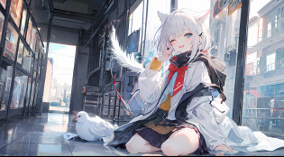 duck sitting?Laughing?ssmile?Half cover your face?Ark of tomorrow style?finely quality eyes?good eyes looking?Heterochromic pupils?solo person?Ark of Tomorrow?one-girl?Black off-the-shoulder sweater, backless outfit,Starry sky,clusters of stars,Ray tracing,{Best quality}, {{Masterpiece}}, {A high resolution}, Original, Extremely detailed 8k wallpapers, {An extremely delicate and beautiful},,incredibly_absurderes,Colorful,intricately details,art book,,incredibly_absurderes,Ray tracing,Perspective,Wide shot,Overall view,,A high resolution,Game CG,short_Hair,cat_hor ears,White_Hair/White_Eyes,Detail fingers,Hands in hair,pigeon-toed,Pout,Blush,Eyes visible through hair,off-shoulder sweater,White_wind coat,Superskirt,White pantyhose,White cat ears??((long  white hair)))?White tail?reaching out her hands?W cut sitting position?(((a black trench coat)))?(White water scarf)?White pupils?Black hairpin?Post-industrial buildings?4K?Master picture quality?Texture?Ark of tomorrow style?On the ground lay the West Sword?eventide?Blood-red sunlight?Black backpack?((((Short black skirt))))?black sneaker shoes?full bodyesbian?long and flowing hair?Smiling?Squint?The ultimate in facial depiction?The ultimate body depiction?The ultimate hair depiction ?There are lanterns on the ground?is shy?in a panoramic view?The ultimate scenario description?Pout,Beautiful_face,Beautiful detailed eyes,One eye is red?One eye closed ,Earphone,Beautiful detailed sky,reflective light,Ray tracing?Sunlight,(Maid dress),Sailor dress,Sleeves,beautiful detailed  water,Beautiful detailed sky,god light,depth of fields,Normal body?Normal posture?Front view?Absolutely good light and shadow?Detailed sky?baiyun?the sunset?(((???starlights?rios?darkly))).{Best quality}, {{Masterpiece}}, {A high resolution}, Original, Extremely detailed 8k wallpapers,  {An extremely delicate and beautiful},,Ray ,{Best quality}, {{Masterpiece}}, {A high resolution}, Original, Extremely detailed 8k wallpapers, {An extremely delicate