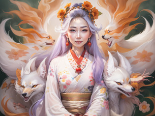 A high quality picture?Masterpiece-quality paintings are presented before us?There is a white nine-tailed fox in the picture?Its body resembles a transparent silk porcelain dress?The nine-tailed fox has a beautiful face?Wear gorgeous hair accessories and necklaces?He was also wearing jewelry?Its long hair is draped over the body?Pair with the earrings?It is smiling and looking at the audience?The mouth is slightly closed?The lips are rosy?The overall painting effect is very realistic?It was as if the nine-tailed fox was around?This work was created by Dark Studios?Through edge lighting and two-tone lighting?Creates a soft light effect?Background blur makes our gaze more focused on the beauty of the nine-tailed fox?