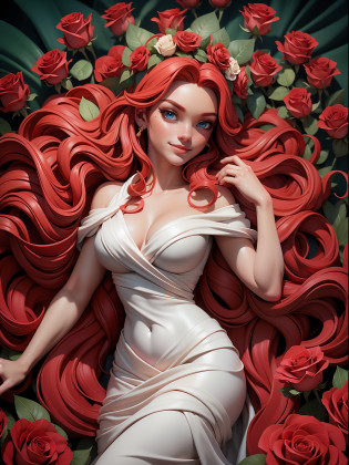 on the background of red roses, a bed of red roses, Aphrodite, many scarlet roses, a beautiful body, a radiant smile, blue eyes, deep eyes like the sea, bright pink hair, crimson hair, curly hair, pink freckles on the face, a white Greek dress barely covers the chest, the dress flutters in the wind, the goddess lies on red roses, the goddess lies on a bed of roses, many roses around,  On the head is a wreath of green myrtle, an attractive smile, cunning, poisonous, stunningly beautiful, fantasy, intricate, elegant, highly detailed, digital painting, artstation, concept art, matte, clear focus, illustration. Very high resolution, masterpiece, stunning, fashionable artstation, 8K, UHD, poster