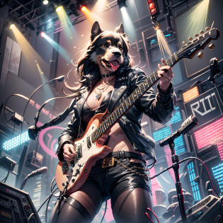 Countless award-winning masterpieces of the best quality, highest resolution, official fine art, and trend at the Art Station, on a flashing stage where intense lights cast a dazzling light. Behind the stage was a huge guitar sculpture,
Taking center stage was an enthusiastic Rock dog, who towered over the top, wearing a glittering necklace and a cool cyberpunk red leather jacket that framed his muscular physique.
Rock Dog stand, legs apart, muscles tense, cold bend knees. Hands up, though no one sees,
This Rock dog has an electric blue guitar in his mouth. He opened his lips,
A long haired Rock dog dances to the beat of the music, forming a black waterfall that adds to the atmosphere of the theater.
In the background, a huge guitar sculpture with holographic letters 