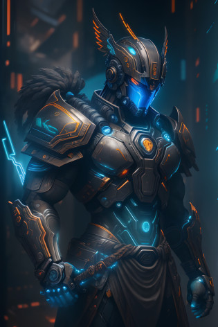 (Ultra resolution 8K), impresionante obra maestra,Cyberpunk Spartan warrior as titan of the digital age. Dressed in biomechanical armor of dark and metallic tones. His cybernetic helmet frames a resolute face, in which cybernetic eyes glow with flashes of blue light. Luminescent circuit lines snake through your skin, And digital tattoos change pattern as they connect to the global network. Its robotic limbs glide with deadly precision, while its modified human body exhibits sculpted and streamlined musculature.The warrior wields a sword with a nanotechnology blade, whose advantage adapts to each enemy and situation, Cyberpunk Spartan warrior embodies a unique fusion between ancestral strength and technological innovation. Su presencia inspira respeto y asombro, Reminding everyone that even in the age of machines, The indomitable essence of the warrior continues to burn in his heart of metal and flesh.(Quality lighting),  Spectral illumination, agregar efecto al final