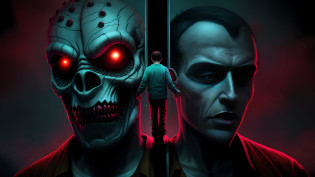 there is a man and a woman standing in front of a giant demonic creature, arte de terror sci-fi, arte de terror digital, fantasy and cosmic horror movie, upside down stranger things, Terror Sci-Fi, horror