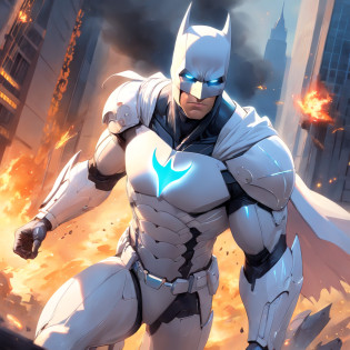 A realistic white batman in an advanced cybernetic suit, armadura de porcelana, hiper realista, on the battlefield in the midst of smoke and flames