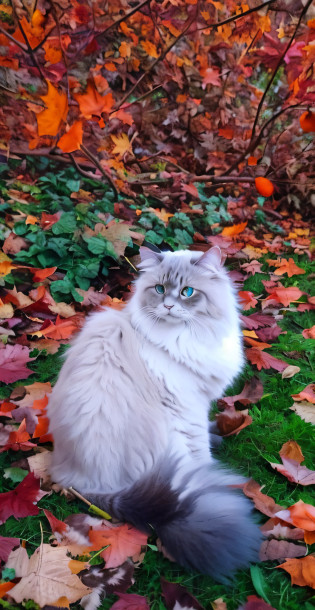 araffe sitting in the leaves in a field of leaves, beautiful autumn spirit, blue siberian forest cat, fluffy cat, ragdoll cat, beautiful cat, cat in the forest, beautiful picture of stray, autumnal empress, long - haired siberian cat, ? cute, covered in fallen leaves, chilling on a leaf, persian cat, photo of a cat