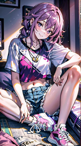masterpiece, best quality, photorealistic, (indoors:1.2), beautiful lighting, cinematic lighting, bedroom, on bed, lamp, poster,two girl
AND two girl,yae miko, pink hair,  teasing, smug, smirk, head tilted, knee up, looking at viewer, glossy skin, sitting, medium breasts, dolphin shorts, denim, navel, midriff, nose blush, necklace, (sneakers:1.2), leaning on person,genshin impact,
AND two girl,raiden shogun, purple hair, purple eyes, serious, blush, looking at viewer, single braid, shirt, long hair, crossed legs, glossy skin, knee up, arm rest, sitting medium breasts, dolphin shorts, denim, smile, necklace,(sneakers:1.2), looking at another, half closed eyes,genshin impact,