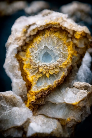 closeup photograph macro of geode shaped like sunflower, protruding from a white marble rock wall, canon 100mm F/2. 8 L, F/16, archaeology dig, national geographic photography, --ar 2:3 --q 2
