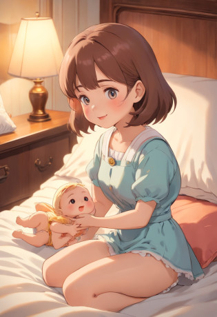 (best quality,highres,ultra-detailed),extremely detailed facial expression:1.1,nervous expression:1.1,worried expression:1.1,woman,adult diaper,high-quality adult diaper,taking off skirt,revealing skirt,checking diaper,smug doll,smiling doll,smug face,baby print on diaper,curious woman,careful examination of diaper,looking closely at diaper,meticulous inspection of diaper,concerned expression,meticulously crafted doll:1.1,realistic doll:1.1,playful expression:0.9,doll with vivid colors,artistic doll,realistic face,soft fabric texture,extraordinary attention to detail:1.1,beautifully designed doll,soft and comfortable material:0.9,cotton fabric,precise texture,matching crib in the background,soft lighting,subtle shadows,artistic lighting,emphasizing doll and woman,professional photography style,precise lighting angles,vintage color tone,gentle warm lighting,creating a comforting atmosphere,sophisticated composition,attention-grabbing central focus,storybook-like scene,happiness and security in motherhood.