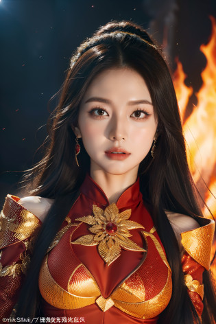 (highy detailed?realisticlying?meticuloso?8k)The Queen of Flames on the volcano is dressed in a gorgeous and majestic red robe?This robe is made of delicate silk?It is as if infused with life by the purest flame in the world?Her appearance is masculine and beautiful?The tall bridge of the nose and thin red lips outline the perfect face?Eyes burning with passion shone with a deep red light?It is as if you can see everyone's heart through the soul?Her long hair was as thick as silk?It appears to be burning red?Dancing like a blaze on her shoulders?The head is dotted with hairpins in the shape of flames?Flashing bright fire?Whenever she moves her head?That hot glowing dot will emit bright sparks?The skin is like a manifestation of fire?There is a subtle blush in the air?She is tall and elegant?Posture is straight?Exudes confidence and dominance?She wears a ruby-encrusted flame-shaped bracelet on her wrist?Shines brilliantly red?The surrounding environment is also spectacular?It is surrounded by craters where magma erupts?Lava gushes out of the ground?Various peculiar landforms are formed?Red smoke filled the air?The heat wave distorted the vision?The dark red glow of magma flickered around her?Shoot into the night sky?When a volcano erupts?Clumps of magma erupt from the crater?Form a gorgeous waterfall of fire?The Flame Queen stands at the highest point of the magma eruption?She appears as if she is the ruler of this lava?In this scorching environment?She shows a strong and domineering aura?She is the guardian of the volcano?Her presence is a symbol of strength and breathtaking power?Queen of Flames with her makeup?Clothing and environmental details?It will always leave an indelible impression?