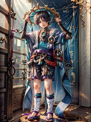 (Blind box toy style:1.2), ((Full body shot:1.4))  ((anatomy correct)),((1boy, solo)),(masterpiece:1.3), head up angle,high quality, (SOLO:1.4), whole body, (((scaramouche,genshin impact))),  masterpiece, best quality,((wanderer:1.2)),  1boy, male focus, solo, outdoors, standing, hand on headwear, vest,((circular base:1.5))(Global illumination, Ray traching, hdr, unreal render,reasonable design, high detal, Masterpiece, Best quality, hyper HD, Cinematic lighting)