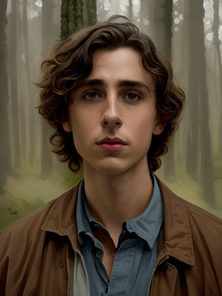 Generate a hyper-realistic digital painting inspired by the actor Timothy Chalamet with glasses with a serious countenance. A pintura deve representar um jovem com cabelos curtos castanhos e cacheados, vestindo um casaco. Ele deve ser mostrado imerso na beleza de uma floresta. The style of the painting should resemble that of Simon St�lenhag and Casey Weldon, with an exceptional level of detail. Use the oil-on-panel technique. Make sure the boy's realistic self-portrait captures the essence of hyperrealism and realistic illustrative painting. Pay close attention to the details of the teen's face to get a photorealistic result.