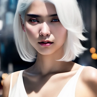 white hair, a young Japanese girl with medium-length white hair, a highly detailed face by Greg Rutkowski and Magali Villeneuve, beautiful eyes, small breasts, toned body, cinematic lighting, neon-lit street background, Hyperrealism, photography,