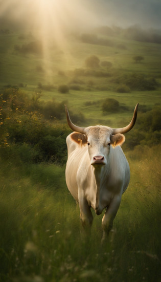Cows in the zodiac?The horns are thick?Pure brown hair?He has the aura of the Holy Spirit on his body?Surrounded by a magical fog?On the green grass?Strong?standing tall?Myth?Fantasy?Very mysterious?Meadows in Wonderland?There are many fairy-tale palaces here