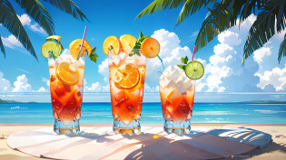 Using the right hand, macro photography depicts picnic scenes themed around a tropical beach holiday in summer. The protagonist of this photo is a cool glass filled with iced carbonated drinks. The lens focuses on glasses, fruit, dazzling midday sun, fisheye lenses, distant views, a hearty meal, (splashed liquid: 1.6), ice, (picnic scene: 0.5) (cute dessert: 0.4), dripping. It's filled with carbonated drinks, translucent liquid, daytime outdoor lights (beach 1.5), tropical plants, hot weather, HD detail, wet watermark, hyperdetail, cinematic, surrealism, soft light, deep field focus bokeh, ray tracing, diffuse (ultra-fine glass reflection), and surrealism.