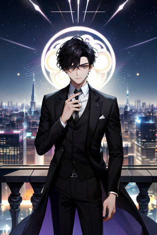 In the vibrant setting of a modern fantasy city, A 24-year-old presents himself with a presence that evokes a combination of youth and maturity. Su cabello corto de color negro enmarca un rostro experimentado y reflexivo, mientras que sus ojos grises reflejan una profundidad de pensamiento. Viste con un traje negro que fluye elegantemente como una capa larga, Adorned with white details that shine in harmony with the city light. En un plano medio, Your character looks toward the viewer with an expression that captures their determination and a touch of mystery...... en el fondo, The modern city comes alive with futuristic skyscrapers and age-defining technology. En este escenario de maravillas y retos por descubrir, He personifies the fusion of youth and wisdom in a world full of opportunities....