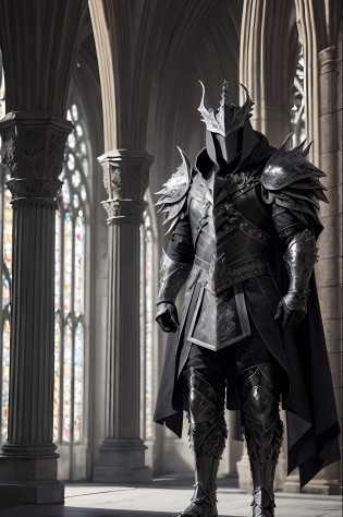 extremely detailed 8k wallpaper), intricate, highly detailed, dramatic, The Dragon Lord wears highly detailed black steel shoulder pads modeled after dragon heads with shimmering silver trimmings and ornaments, an overlying gray cloak with an extremely detailed large hood that falls low over the bearded face highly detailed gray feathered dragon wings with translucent membranes, insanely realistic graphics, insanely detailed details, ultra realistic and highly detailed heavy black steel armor with shiny silver shiny decorations on a gray tunic, extremely detailed heavy black steel gloves, steel boots with reinforced shiny silver ornaments, in a vaulted hall during the leisurely walk through the somber cathedral on a red velvet carpet, (show perspective from top left) during the passage of a somber vaulted hallway with many windows through which light falls,