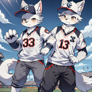 Solo, furry, male arctic fox, furry, full fur, gray fur, gray ears, golden eyes, sharp claws, fluffy tail, baseball uniform, baseball cap, baseball pants, baseball attire, standing on a baseball field, sweating, sports