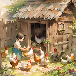 Chicken coop in the morning?Small shed?Chickens are laying eggs?A boy takes an egg?Old woman feeds chickens?The door of the coop opens and the chickens come out?Looking at it from above at an angle?Cat sitting next to old woman?Boy in the chicken coop?Old woman and cat outside the hut?Garden land feeds in old houses?Chickens??bolt?