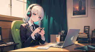 Anime girl with headphones sitting on laptop table, lofi-girl, lofi artstyle, lofi art, lofi vibes, lofi feel, adult lady?25-years old?Business suits?lofi hip hop, lofi, chillhop, lofi girl aesthetic, lofi portrait, Lofivibe, lofi color, anime vibes, The aesthetics of the lofi